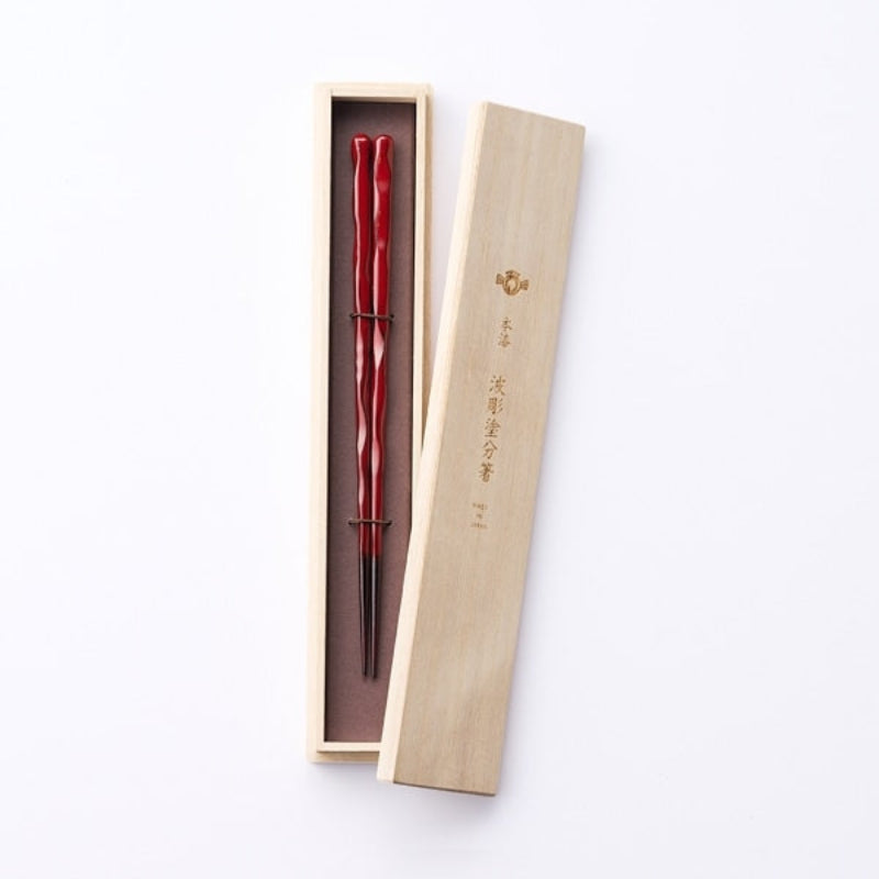 Lacquered Wave Carved Chopsticks, Vermilion, 21cm