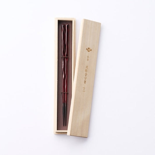 Lacquered chopsticks with wave carving, dark red, 23cm