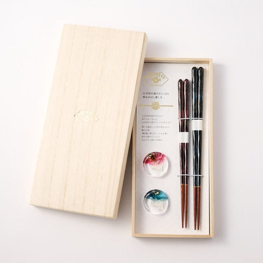 Wakasa Lacquered Pair of Chopsticks & Tsugaru Vidro Chopstick Set in a Paulownia Box
