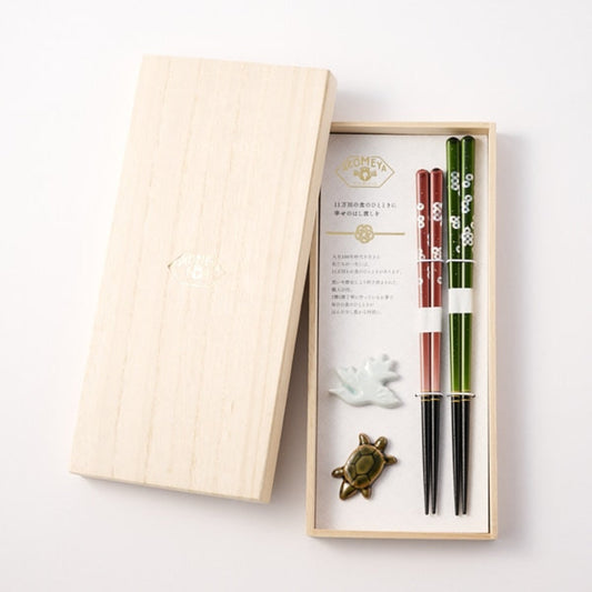 Wakasa lacquered pair of chopsticks & Imari ware chopstick set in a paulownia box