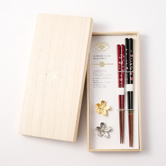 Wakasa lacquered pair of chopsticks & tin chopstick rest set in a paulownia box